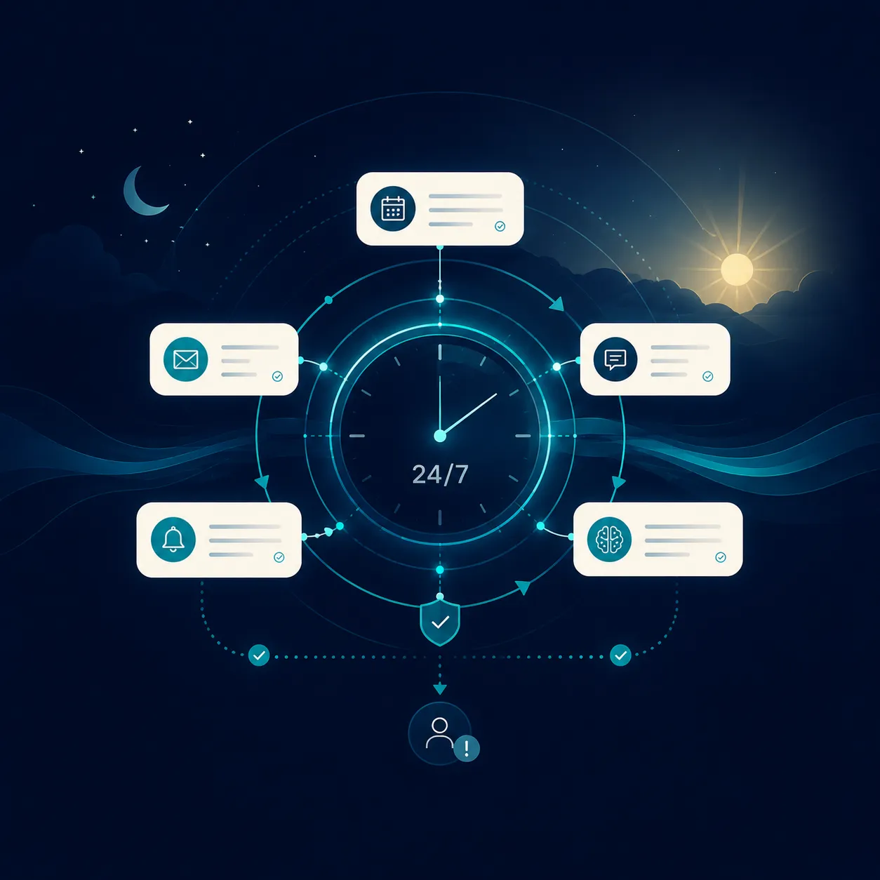 Abstract clock representing 24/7 operations
